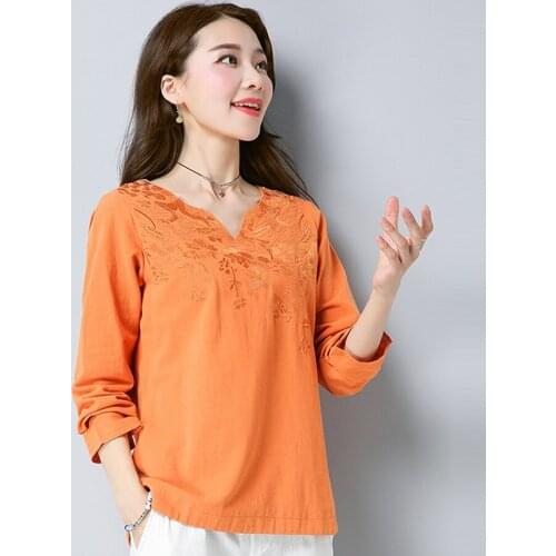 2018 Spring Fall Casual Women Loose Embroidery Long Sleeve Grey Orange Blue Linen Blouse , XXL Female Woman Blouses Shirt