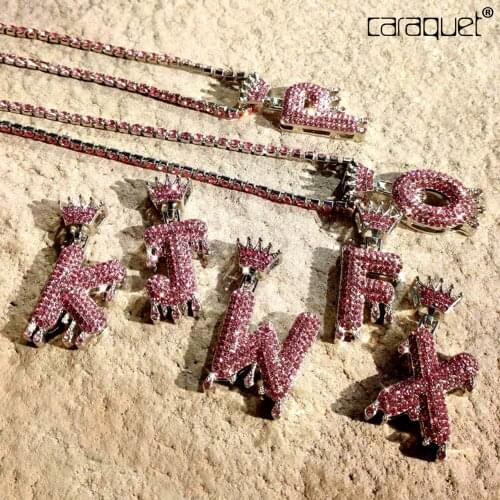 Hip Hop Rock Pink Rhinestone Crown A-Z Initial Pendant Necklaces for Women Chunky 26 Letter Tennis Chain Choker Necklace Jewelry
