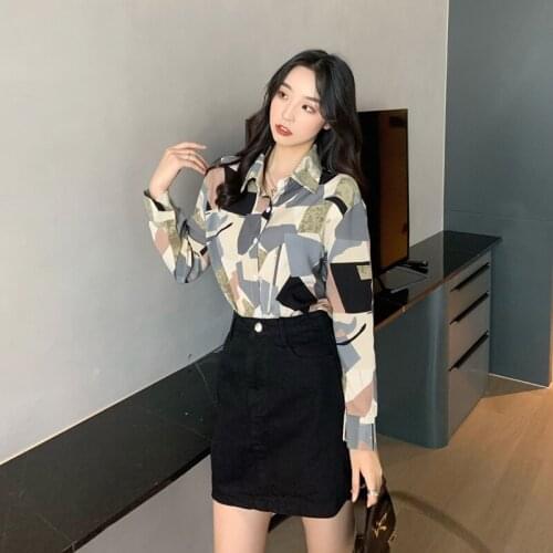 Womens all-match autumn regular long-sleeved floral shirt retro geometric shirt blouse