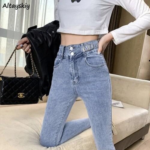 Women Jeans Pencil High Waist All-match Skinny Denim Ankle-length Streetwear Korean Style Fashion Pocket Simply Elastic New Chic