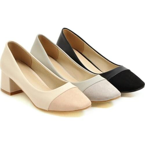 Womens leather single shoes 5cm thick middle heel casual trend large size 40 new color matching fashionable pointed toe shoelh