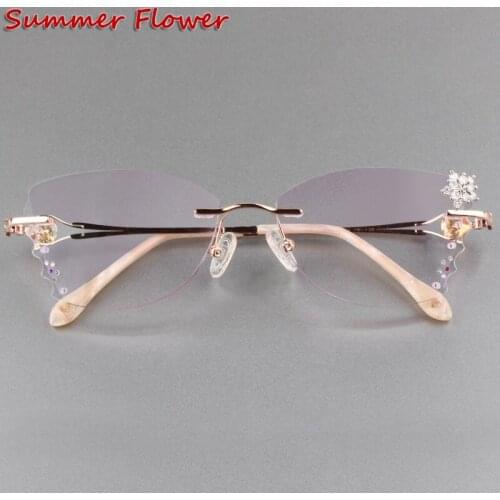 Colored Lenses Women Gradient Tint Prescription Butterfly Lenses Diamonds Frame Titanium Rimless Glasses for Female