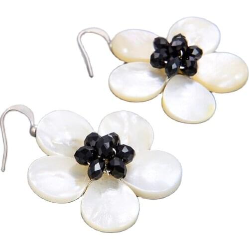 JK White Mother Of Pearl Shell Flower Black Crystal 925 Silver Earrings For Women