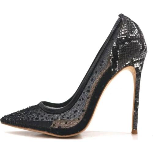 Free shipping fashion women pumps Casual Designer pointy toe heels Black mesh snake crystal high heels shoes 12cm 10cm 8cm