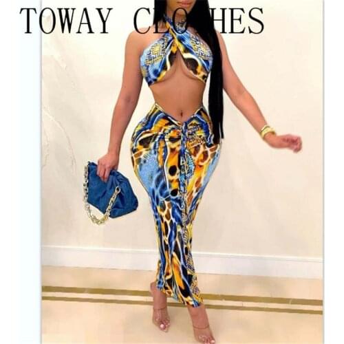 Women Summer Sleeveless Colorblock Halter Backless Crop Top & Maxi Skirt Sets 2PC Set