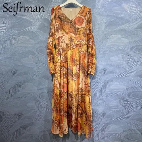 Seifrmann New 2021 Summer Women Fashion Designer Party Long Dress Lantern Sleeve Button High Waist Vintage Print A-Line Dresses