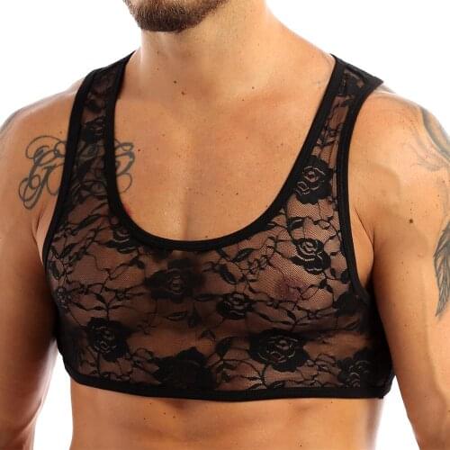 Mens Sissy See Through Fetish Lingerie Wedding Sexy Parties Vest Top Floral Lace Short Crop Tops for Nightwear Clubwear