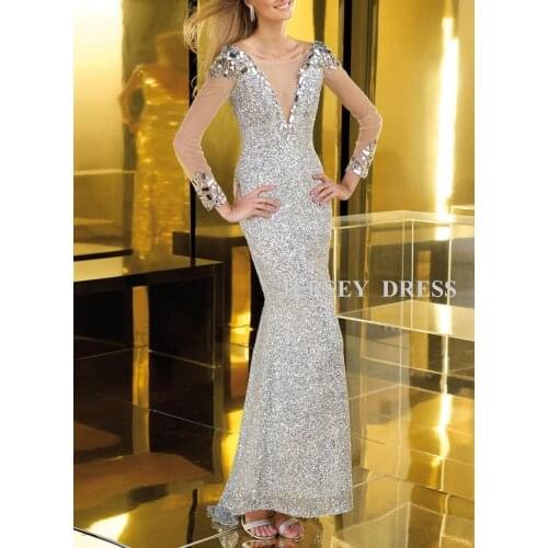 Free shipping 2016 vestidos formales silver paillette lace V-neck long sleeve floor length party prom gown Graduation Dresses