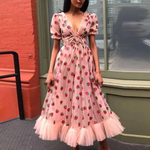 Women Elegant Puff Sleeve Strawberry Mesh Maxi Dress Sexy V Neck Floral Hem Beach Dress