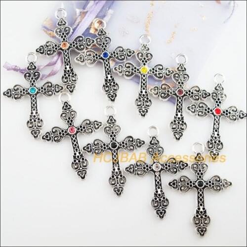 10Pcs Tibetan Silver Tone Retro Heart Cross Mixed Crystal Charms Pendants 34.5x50mm