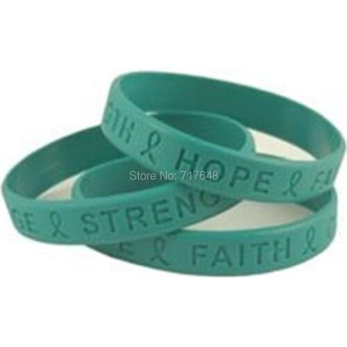 100pcs Hope Faith Strength Courage Teal Awareness wristband silicone bracelets free shipping by epacket A