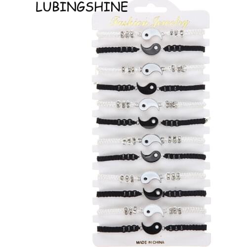 12Pcs/lot Yin and Yang Tai Chi Metal Pendant Black/White Leather Cord Woven Men Women Couple Bracelet Anklet Gift Set