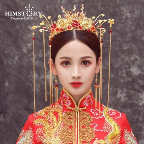 2018 Newest Chinese Wedding Brides Hair Accessories Jewelry Long Tassel Red Flower Headbands Queen Hair Tiaras Crown