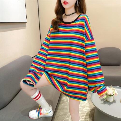 2020 Autumn Long sleeve T-Shirt Women Basic Tee Shirt Oversize T Shirt Women Casual O-neck Rainbow Stripe Women tshirt plus size
