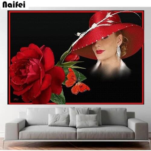 Custom Photo 5d Diy Diamond Painting Red Rose Hat Woman Cross Stitch Full Square Round Diamond Embroidery Mosaic Gift Kits