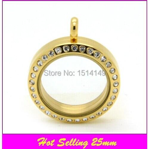 Free shipping stainless steel floating lockets glass gold screw rhinestone floating locket 25mm