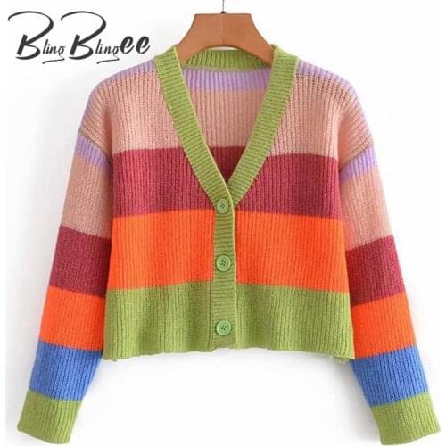 BlingBlingee Za 2021 Autumn Woman Traf Sweaters Drop Shoulder Loose Crop Tops Colored Striped Single Breasted Knit Cardigan