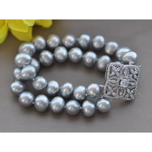 Z11068 2Row 8" 12mm Gray Round Freshwater Pearl Bracelet CZ