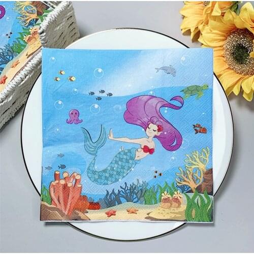 20Pcs/Pack Cute Mermaid Decoupage Paper Napkins Cartoon Sea Fish Paper Tissues for Girls Birthday Party Table Decorations L