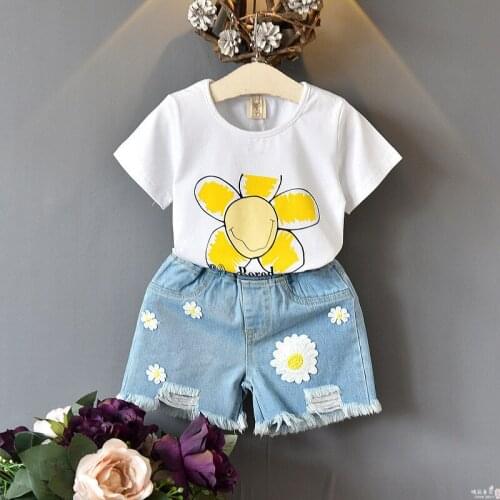 Childrens clothing suit 2021 summer new short-sleeved flower printed T-shirt cute toddler girls denim shorts two-piece set