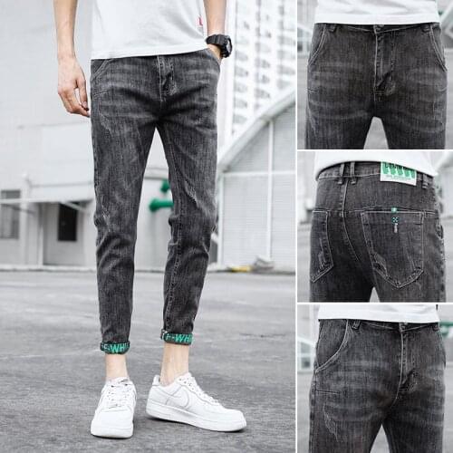 Wholesale 202 Denim Jeans homme slim feet summer mens pants Korean trend elastic casual wild mens brand Ankle length pants men