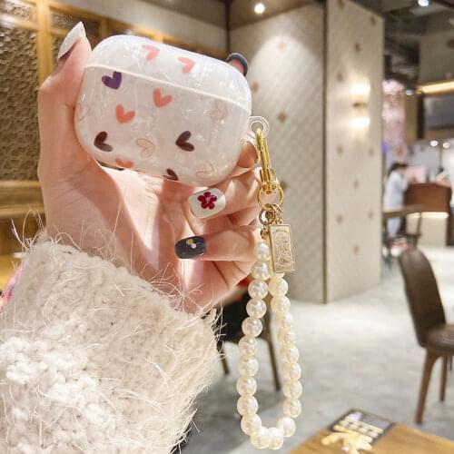 INS Retro Glossy Heart Shell Pearl Case for Apple Airpods 1 2 Pro 3 Bluetooth Earphone Headset Box Cute Pearl Bracelet Key Ring