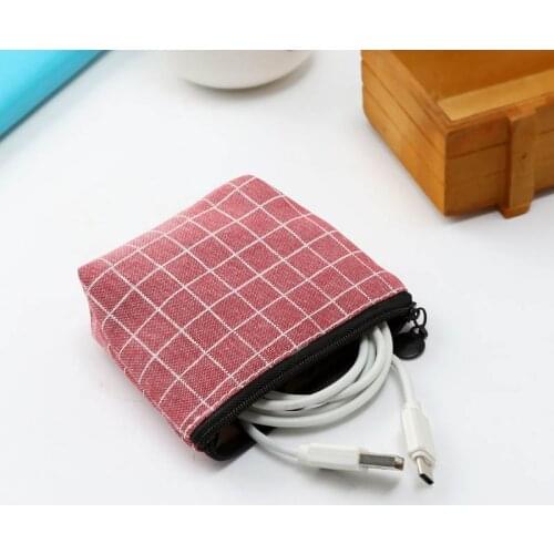 Canvas Coin Purse Korean Style Women Card Holder Money Bag Multi Purpose Lattice Pattern USB Cable Headset Mini Bag Key Wallet