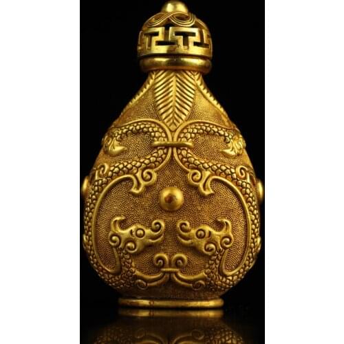 4"Chinese Folk Collection Old Bronze Gilt Relief bat pattern snuff bottle Office Ornaments Town House Exorcism