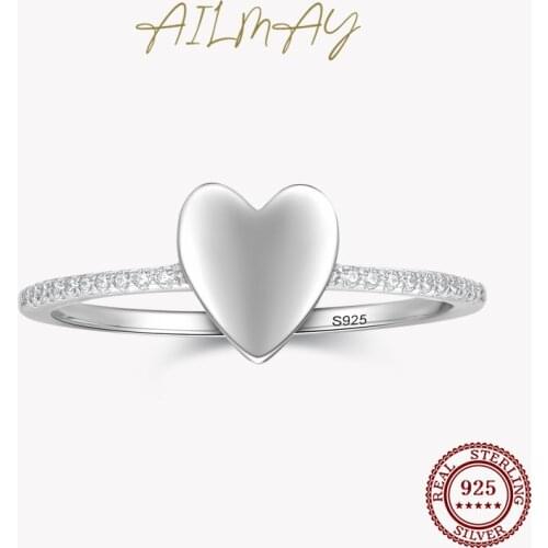 Ailmay 925 Sterling Silver Fashion Jewelry Clear CZ Elegant Simple Heart Finger Ring For Women Wedding Engagement Jewelry Gift