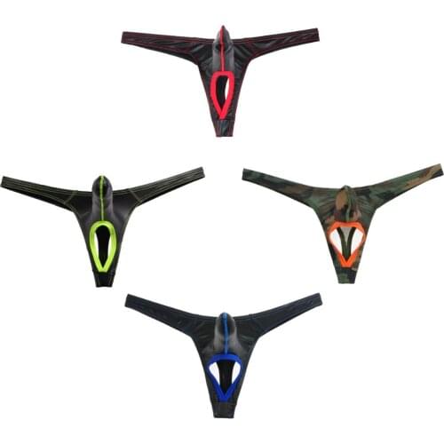 Leather Enhanced Long Protruding Pouch Sexy Mens G-Strings Balls Hole Male Tong Underwear Men Bikini Tangas Smooth T-Back