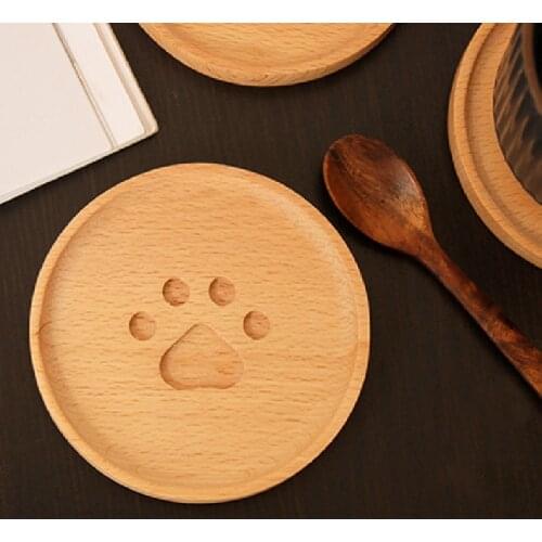 Round Wood Coaster Bear Paw Pattern Small Snack Tray Durable Heat Resistant Cup Mat Tea Coffee Cup Pad Table Placemats Kitchen