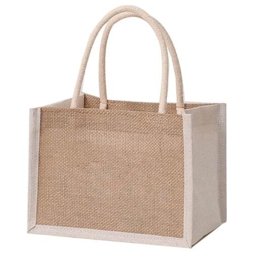 M68C Jute Tote Bags Burlap Handbag Reusable Beach Shopping Grocery Bag with Handle Large Capacity for Women Girls