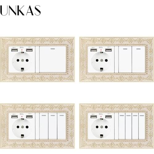 UNKAS 4D Zinc Alloy Metal Panel EU Socket Dual USB Port + 1 2 3 4 Gang 1 / 2 Way On / Off Light Switch Embossing Retro Frame