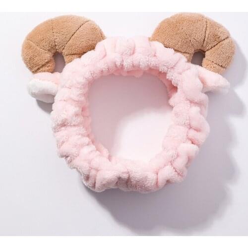 Cute Plush Headbands Pink Sheep Horns Ears Elastic Hair Bands Wash Face Makeup Turban Headdress Hair Accessories For Women Girls