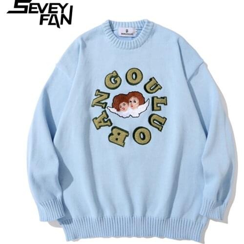 SEVEYFAN Mens Cartoon Letters Towel Embroidery Sweater BF Loose O Neck Knitwear New Pullover Sweaters for Couples