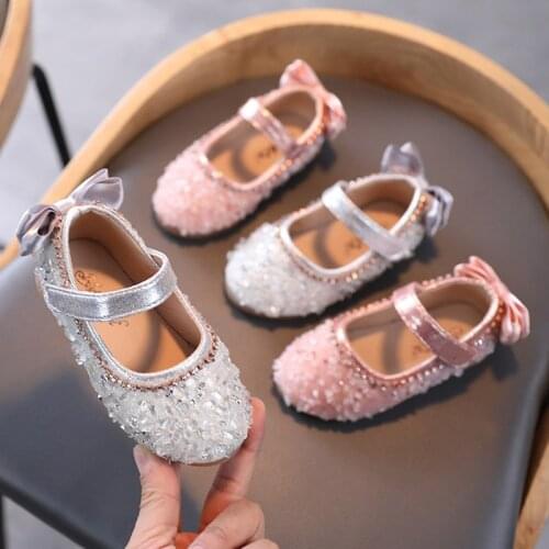 Spring Autumn Girls Shoes Glitter Princess Shoes Back Bowtie Mary Janes Shoes For Big Girl Crystal Kids Party Shoe Child Flats