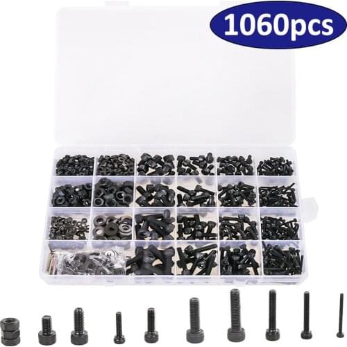 1060pcs M2 M3 M4 M5 Socket Head Screw Set Carbon Steel Flat Round Cap Head Screws Bolts and Nuts Assortment Kit with Storage Box