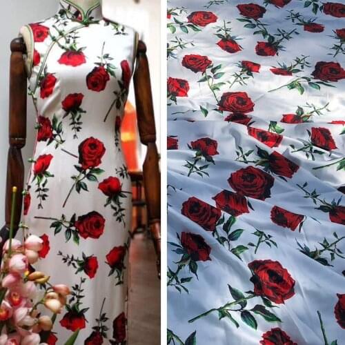 145 * 100cm Spring and Summer New Dress Swimsuit European and American Rose Elastic Satin Digital Printing Handmade DIY Fabric