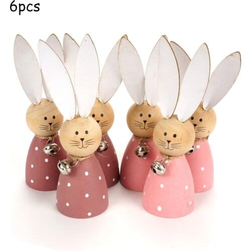 Easter Decorations 6pcs Purple & Pink Wood Easter Rabbit with Bell Cute Bunny Stand Decor Ornament for Home Decoration