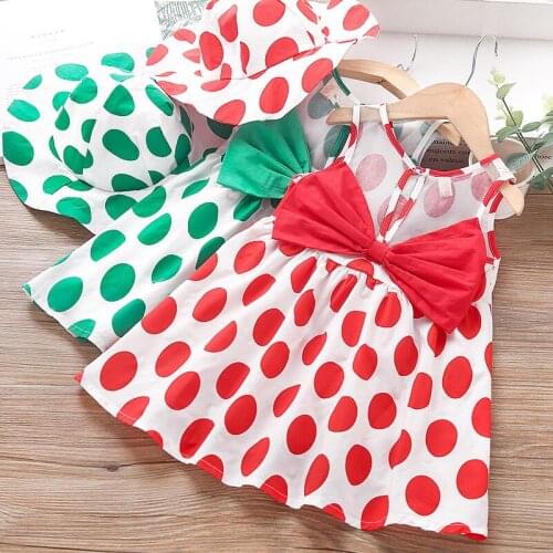 2020 Girls Polka Dot Dress Hat Summer Sleeveless Cotton Dress Casual Fashion Childrens Clothing For Girls' Costumes Red Yellow
