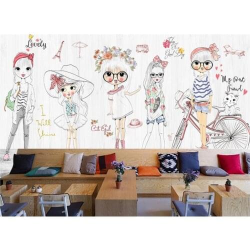 Custom 3D Wallpaper Hand Drawn Cartoon Girl Fashion Show Clothing Store Wall Background wallpaper mural papier peint