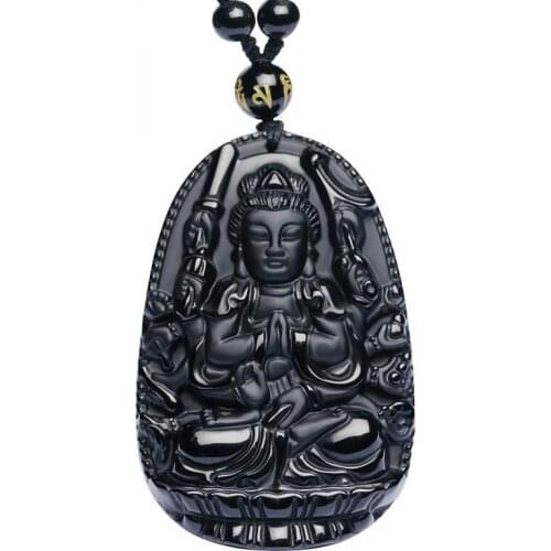 Drop Ship Obsidian Buddha Amulet Pendant Unique Carved Natural Crystal Stone Lucky Zodiac Charms Necklace For Men Jewellery