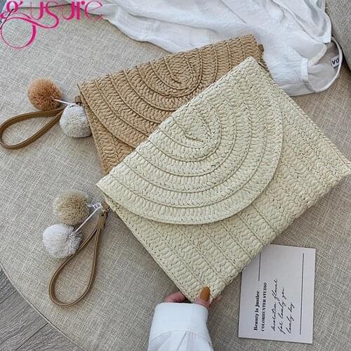 Gusure Women Girls Fashion Crossbody Envelope Bag Elegant Hairball Straw Handbag Clutch Summer Beach Shoulder Bag Travel Purse