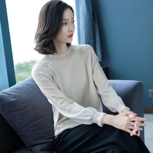Bottoming Shirt 2021 New Womens Spring Autumn Sweater Thin Lace O-neck Knitted Solid Long Sleeve Pullover