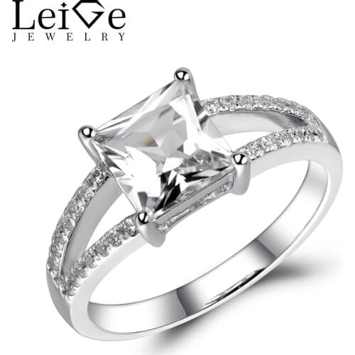 Leige Jewelry White Topaz Ring Princess Cut Natural Gemstone Stunning Engagement Ring Double Band Sterling Silver 925 Jewelry