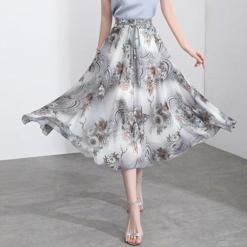 Elegant Fashion Korean Floral A-line Long Skirt for Women Summer High Waisted Big Swing Casual Loose Ladies Pleated Skirts 2135