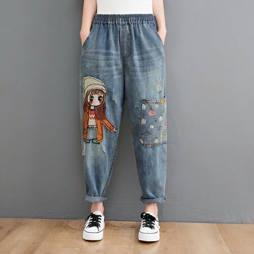 6537 Cartoon Litter Girl Embroidery Denim Pants For Women Trendy Hole Casual High Waist Breeches Pockets Mom Harem Blue Jeans
