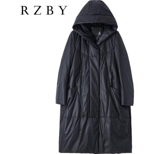 Women Genuine Leather Down Jacket Natural Sheepskin Hooded Leather Outerwear Female Pluz Size Casual Long Black Coat RZBY274