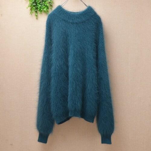 Ladies women fashion green winter mink cashmere knitted turtleneck long lantern sleeves loose pullover angora fur jumper sweater