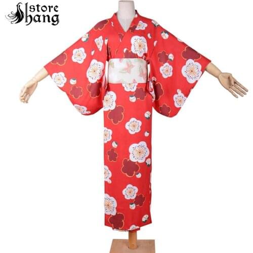 Womens Red Kimono Costume Love Live Cosplay Yukata Deluxe Sakura Flower Japanese Traditional Kimono Dress Bath Gown